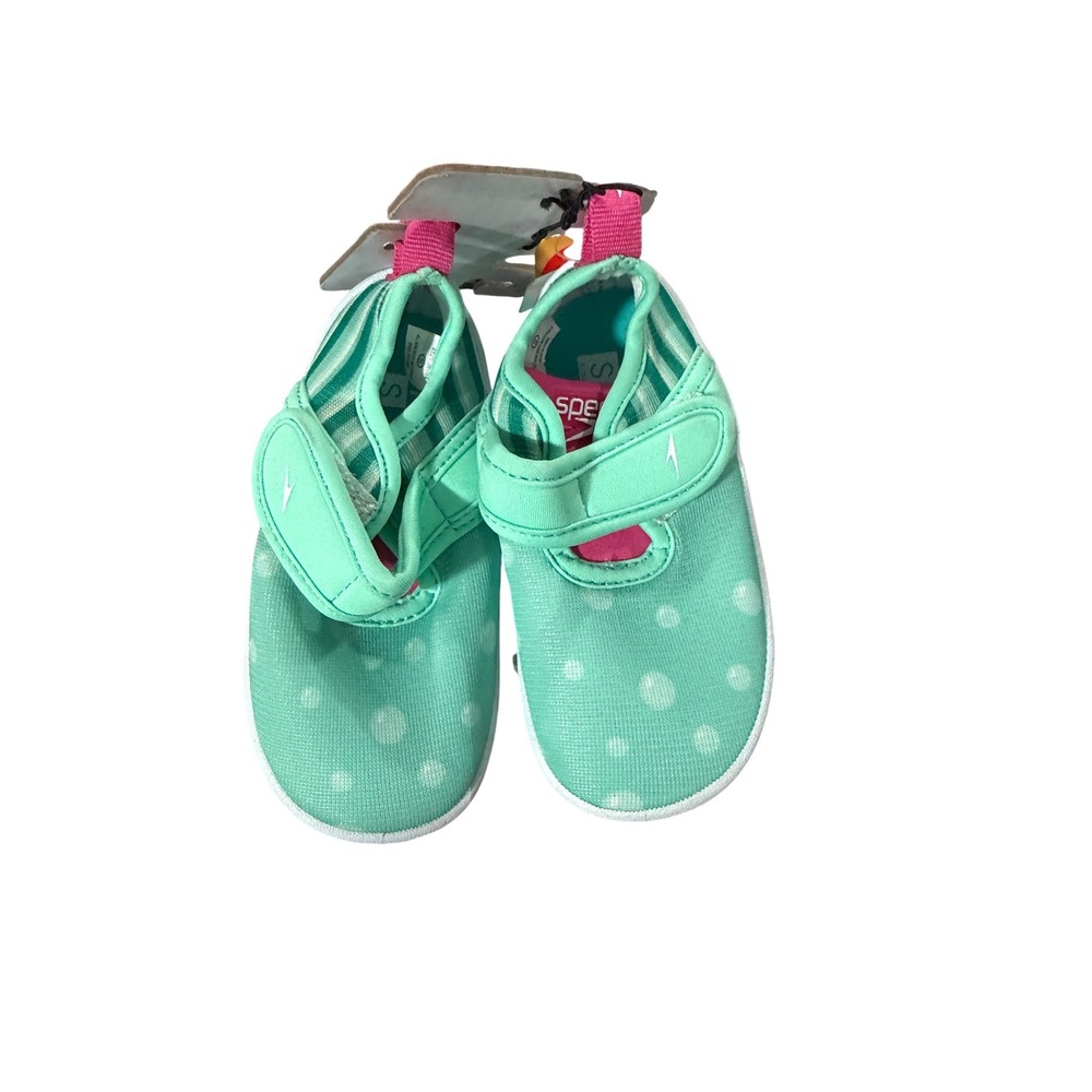 Speedo Kids Teal Polka‎ Dot Water Shoes Aqua Socks Pink Accents Size S 5-6